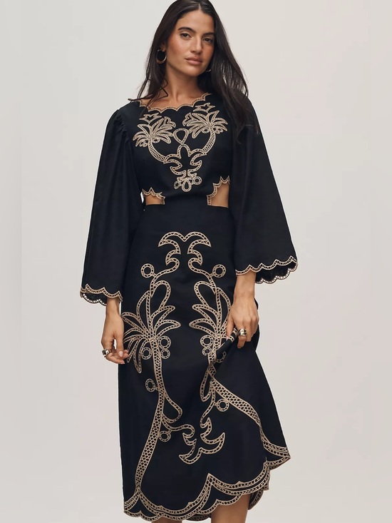 FARM Rio Dresses & Skirts - Farm Rio x Anthropologie Long-Sleeve Cutout Embroidered Midi Dress